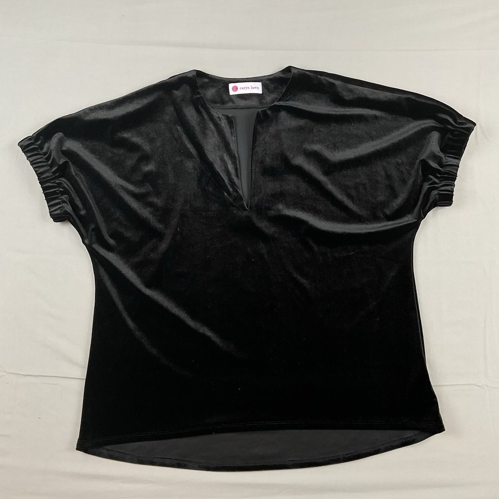 Caryn Lawn Black Velvet Short‎ Sleeve Blouse M Split Neck Stretchy Glam Top